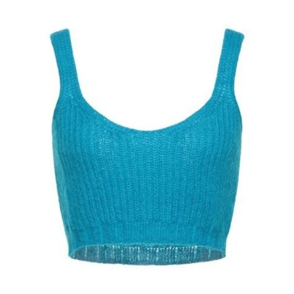 Vicolo Knit Crop Top Women S Teal Blue Mohair‎ Blend Ribbed Made in Italy